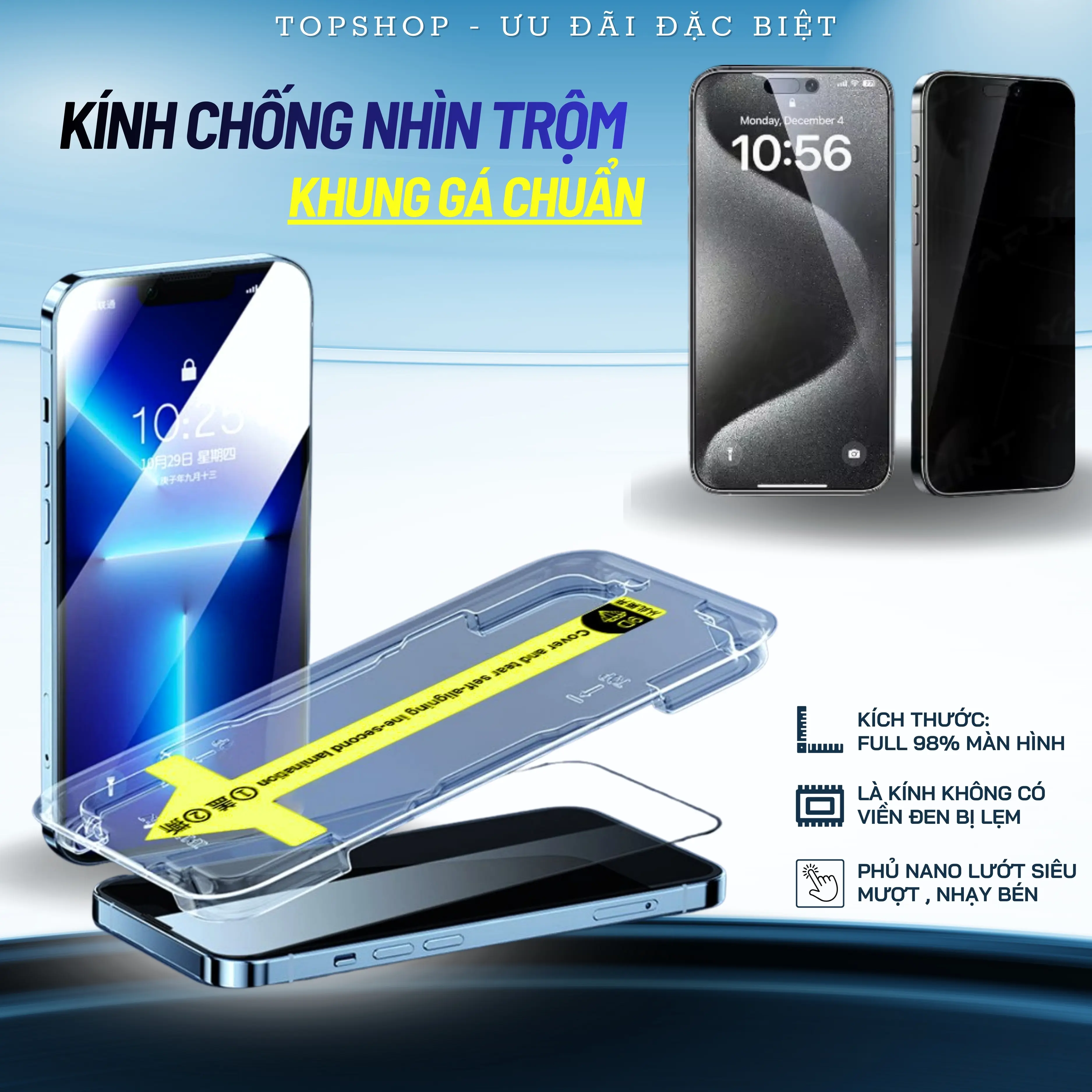Kính Cường Lực Chống Nhìn Trộm - Khung Hỗ Trợ Dán Căn Chuẩn - Kính Full Màn -Phủ Nano - Cho Các Dòng Máy iPhone 11 Promax X Xs max Xr 12 Promax 16 Promax 15 Promax 14 Promax 13 Promax
