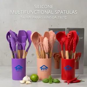 Set Spatula Silikon Multifungsi 12 In 1 Gagang Kayu Tahan Panas 230°C Perlengkapan Masak Di Dapur