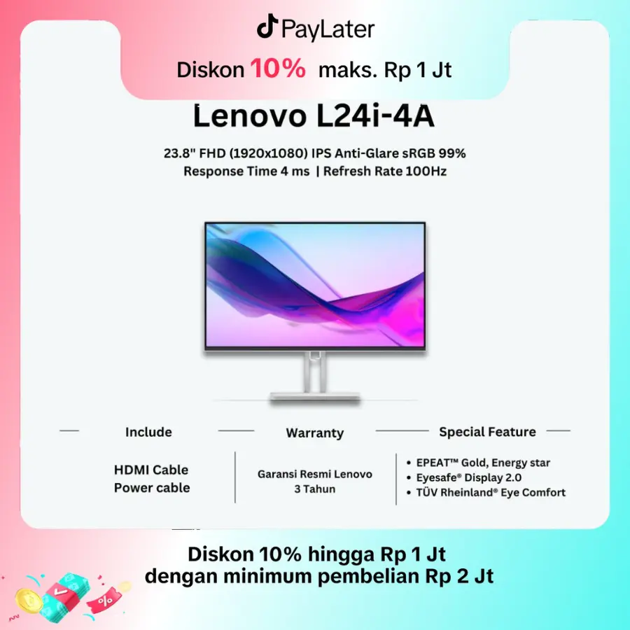 Live - Monitor LED Lenovo L24i-4A 24" IPS 1080p 100Hz VGA HDMI Speaker VESA
