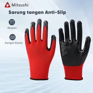 Mitsushi Sarung Tangan Safety Gloves Anti Slip Hitam Merah Berpori Sangat Elastis Dilapisi Nitrile 1 Pasang Karet Peralatan Berpori Sangat Elastis Hitam Merah - Black