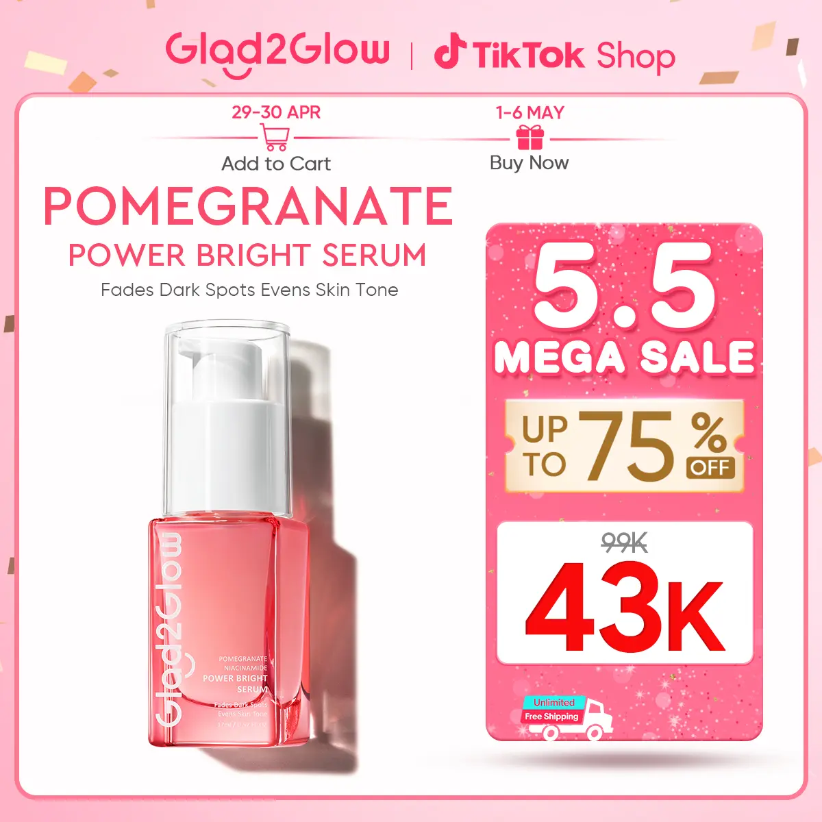 Glad2Glow Brightening Serum Pomegranate Niacinamide Power Bright Serum 17ml |  Niacinamide Serum Mencerahkan Fade Dark spot Acne Whitening Facial Serum Brightening Serum Berry Hitam Extract Essence Arbutin Dark Wajah G2G skincare Glowing Bright