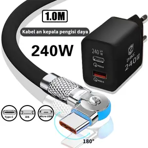 ZHIKE Kabel Data Fast Charging Kabel Casan Tipe C Micro USB Untuk iOS Lightning Type C dengan Adapter 240W Adaptor Rotasi 180° 1M HP Fast Kepala Charger Port Putar Pengisi Compatible with iPhone Samsung Realme VIVO OPPO Redmi infinix XIAOMI Carger