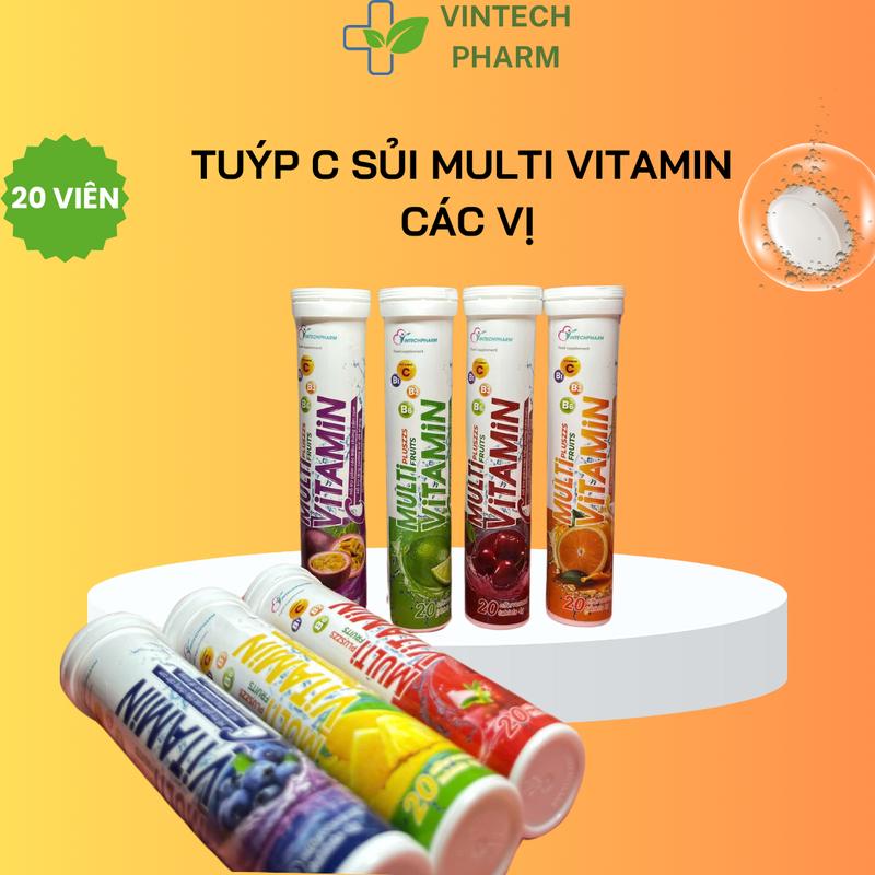 Viên C Sủi Multi Vitamin Bổ Sung vitamin và khoáng chất, hương hoa quả 7 vị - Tuýp 20 Viên