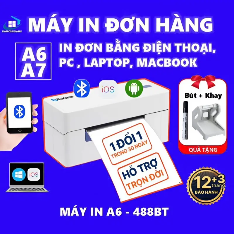 Máy in đơn hàng | Máy in nhiệt Bluetooth QR-488BT khổ to A6~100x150mm Không dùng mực, in Đơn hàng các sàn TMĐT bằng Điện Thoại, Máy tính. in Tem Nhãn. BH 15 tháng