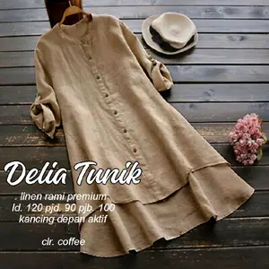 Delia Tunik Linen Rami Premium Tebal Dewasa Remaja Atasan Muslim Baju Panjang Wanita clr coffee