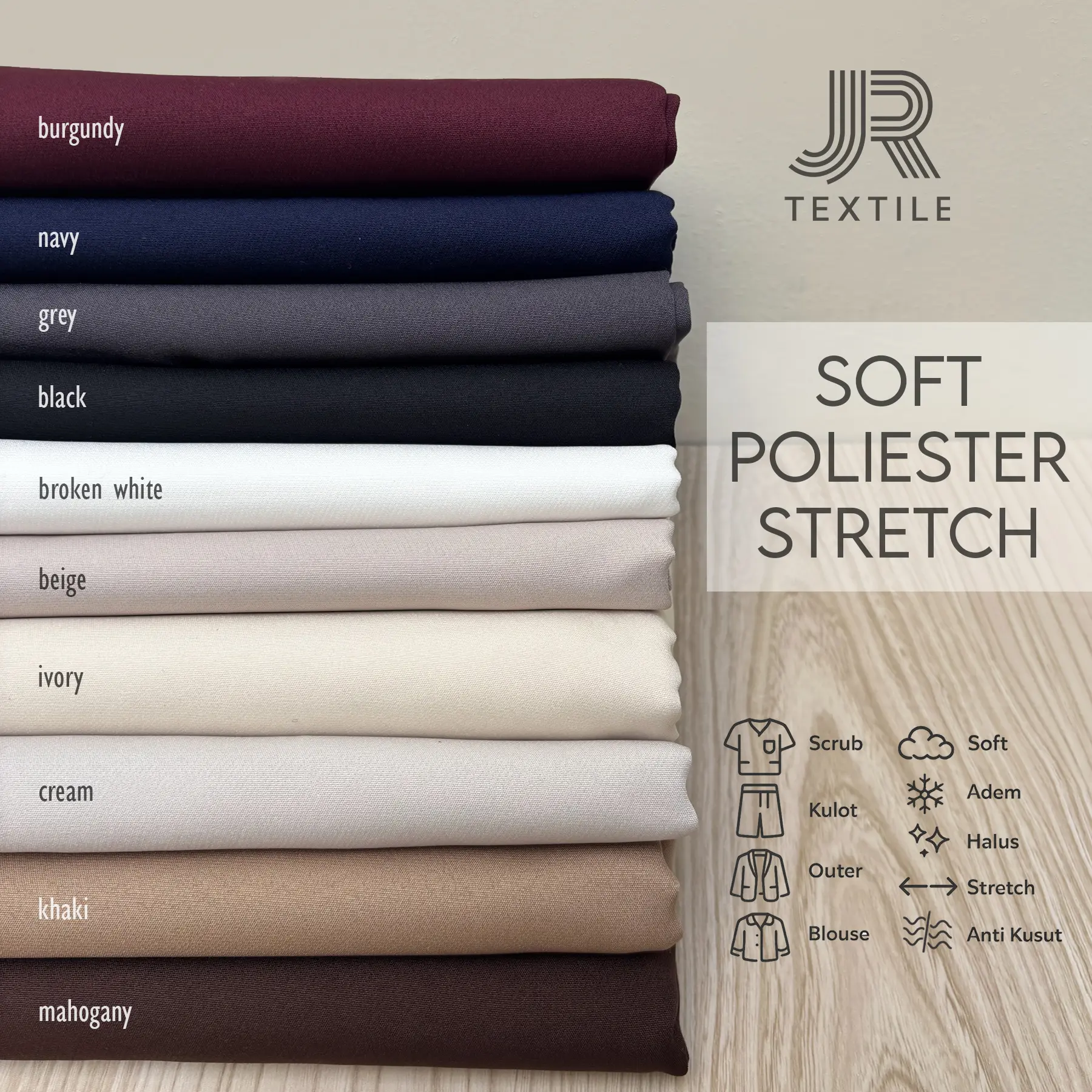 Kain Soft Poliester Stretch - PE Spandex - Polyester Strit - Eceran Meteran - Bahan untuk Scrub, Outer, Gamis, Blouse, Dress by JR Textile