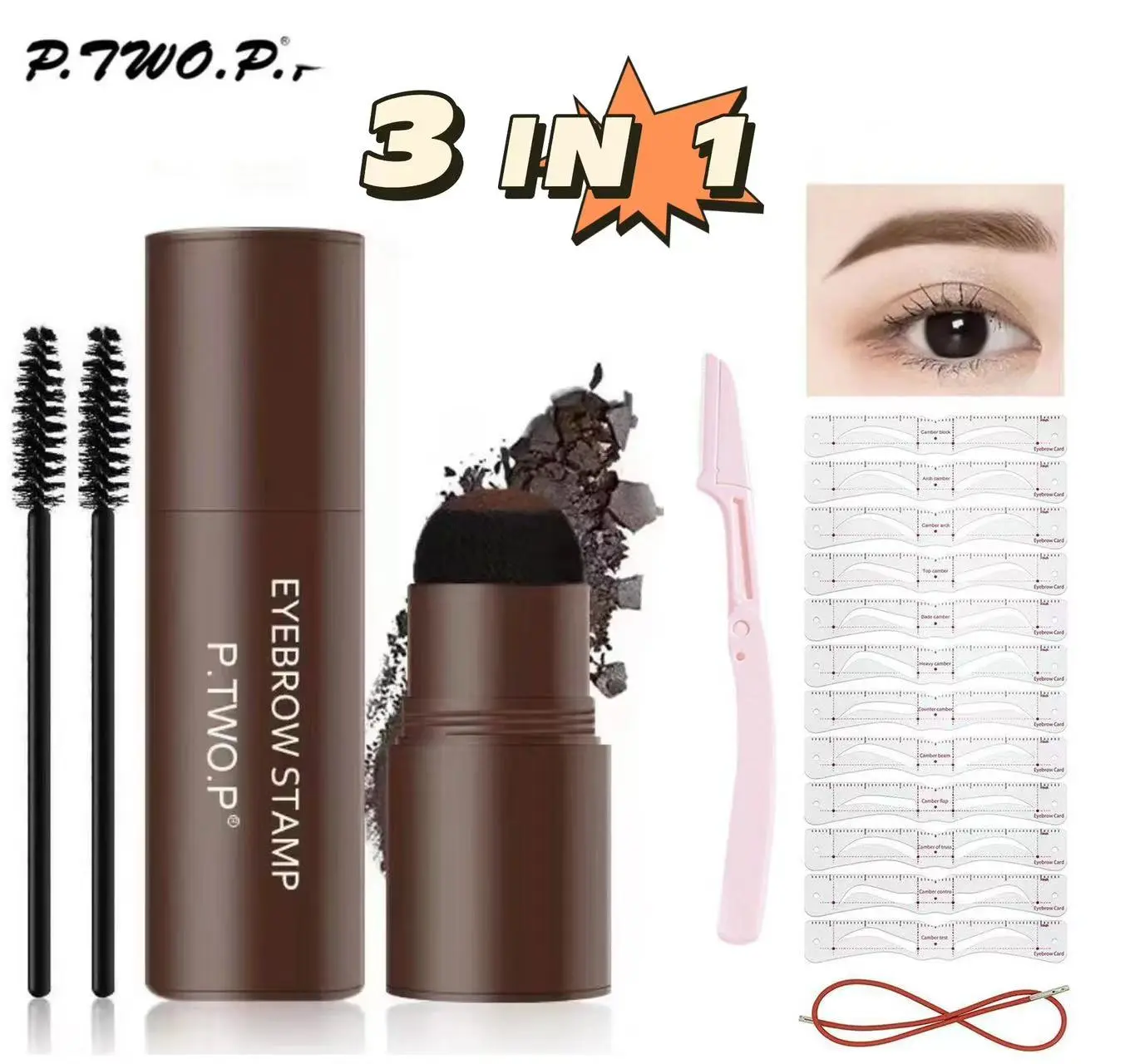 [3 IN 1]P.TWO.P Eyebrow Stamp Shaping Kit-Brow Powder Stamp Makeup with 10 Reusable Eyebrow Stencils Eyebrow