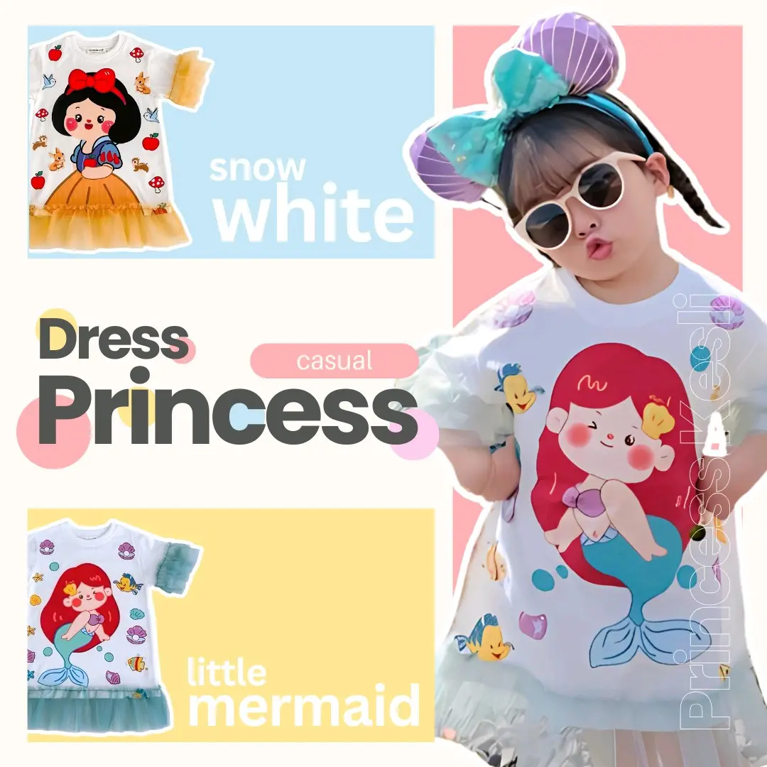 [PRINCESS KESLI] 1-9 Tahun Dress Santai Motif Kartun Duyung Snowhite Baju Anak Perempuan Karakter Princess Bahan Katun Lembut Kids Bayi
