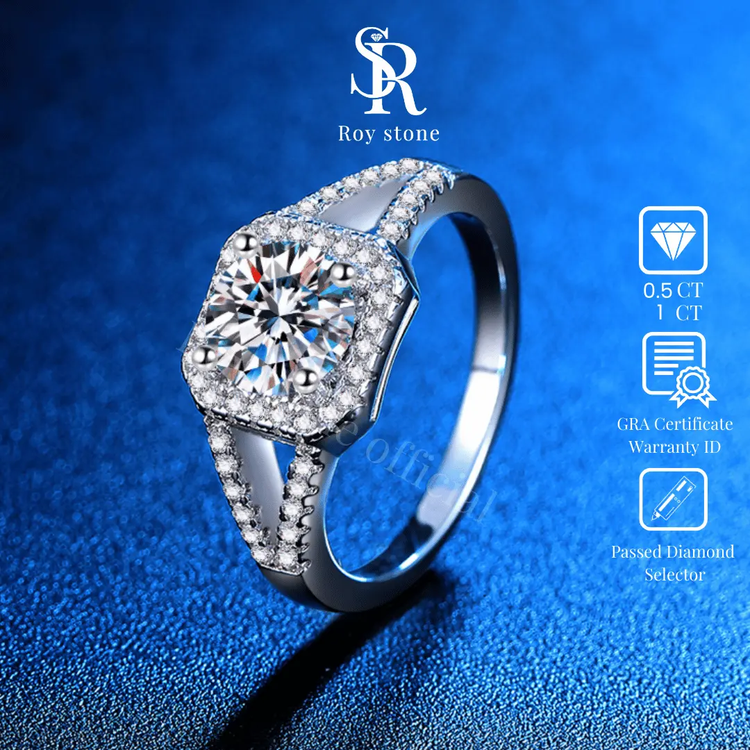 RoyStone - Cincin Moissanite Original Wanita Sertifikat GRA Perhiasan Silver Asli Lapis Emas Putih 18K Anti Karat Desain Simpel Elegan Wedding Engagement Ring Birthday Gift_ Hazel Ring