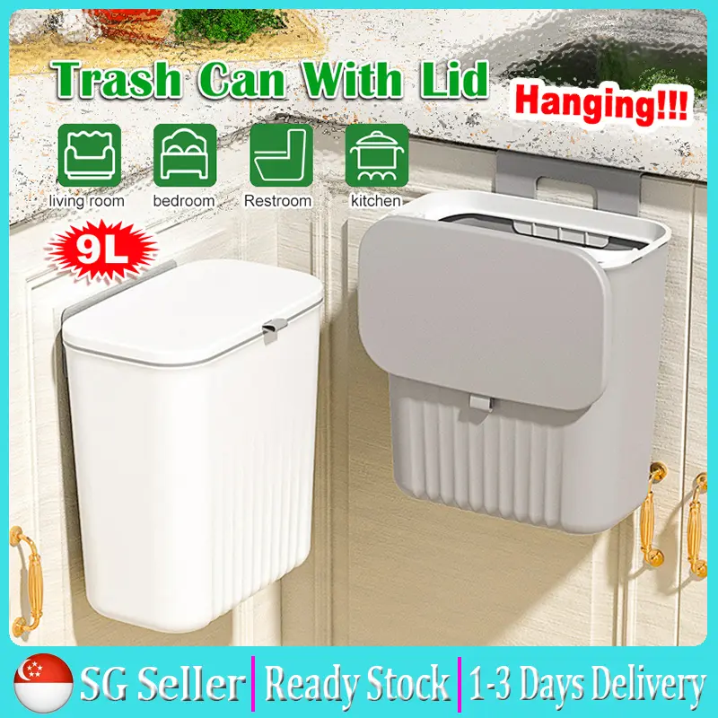 【SG Ready Stock】 9L Kitchen Rubbish Bin for Home Restaurant Hanging Rubbish Bin with Lid Dustbin Waste Bin Trash Bin Garbage Bin Recycling Bin trashbin