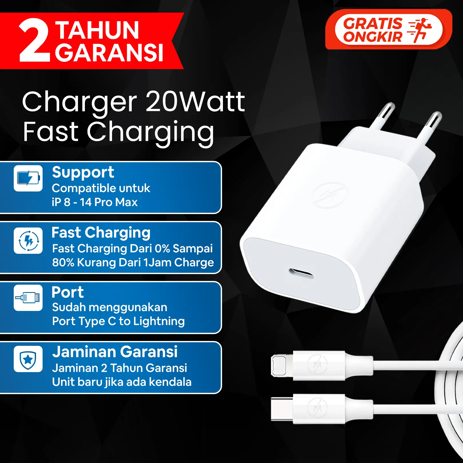 Set Adaptor Charger 20W Super Fast Charging Power Delivery 3.0 Battery
