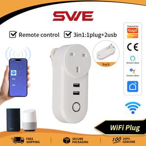 Soket USB Pintar Wifi Tuya, SWE, Penyesuai Outlet 13A, Pengecasan, Kawalan Suara dan Masa, Palam Soket Pelbagai Fungsi Asal, Soket Kuasa Universal, dengan 2 Port USB, Suis Keselamatan, Soket Perlindungan socket  usb socket plug