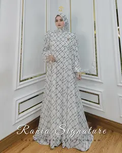Faraz Label - RANIA SIGNATURE DRESS Pakaian Muslim Gamis Wanita Set Hijab Ceruty Babydoll Motif Mewah Monogram Lebaran 2025 Printing Karet Nyaman