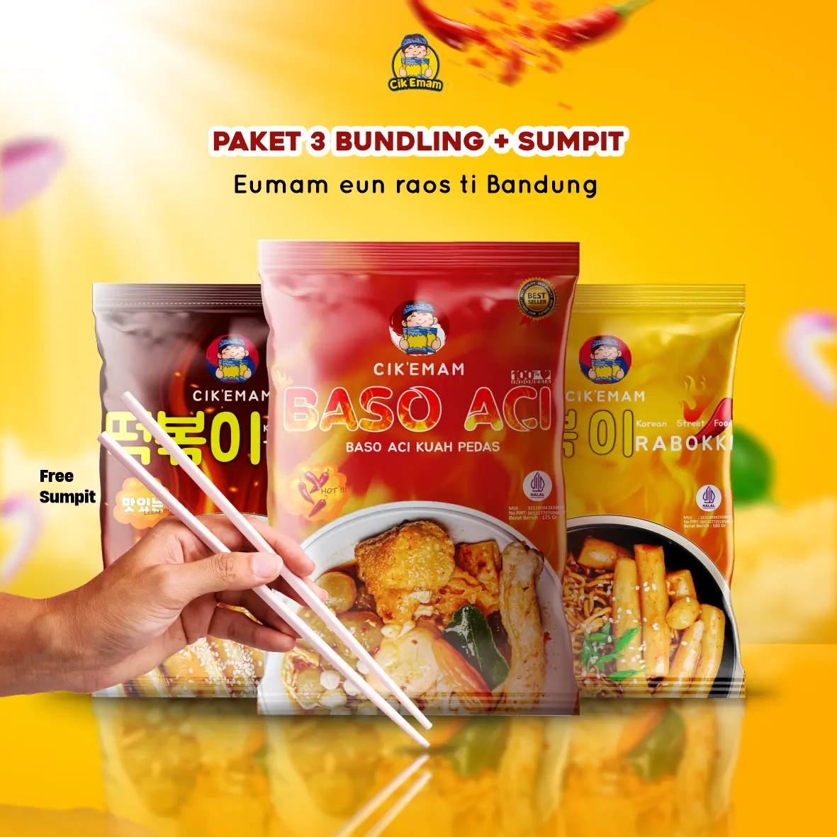 CIKEMAM - PAKET BUNDLING 3 ( Rabokki, Topokki & Baso Aci ) Food Gochujang Instan  Pedas  Mie  Sambal  Seblak  Kuah  Noodles Ayam Ramen  Merah  Bakso Bawang Soto