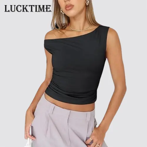 Womens Minimalism Off Shoulder Sleeveless Crop Tank Tops Slim Fitting Y2K Summer Outfits Going Out Basic Womenswear