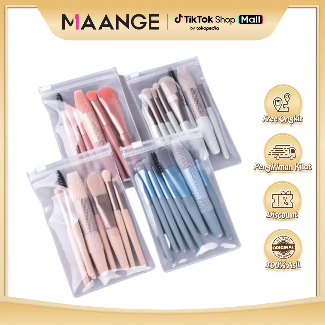 MAANGE 8 Pcs Kuas Makeup MINI Set Kuas Bibir Alis Sisir Eyeshadow Powder Foundation Stabilo MAG5857 Biru Pink Apricot