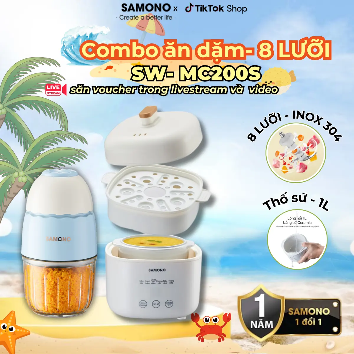 Samono Combo NỒI NẤU CHẬM + MÁY XAY ĂN DẶM ( 6 lưỡi , 8 lưỡi )cho bé SW-200,SW-SC10, Bảo hành 1 năm chỉ đổi không sữa