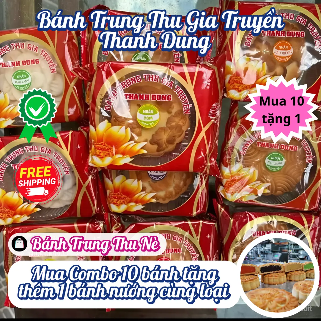 COMBO 10 Bánh Trung Thu  ( tặng thêm 1 bánh cùng loại 160g ) , Bánh Nướng Bánh Dẻo Thương Hiệu Thanh Dung Đủ Vị 160G, Bánh Nướng Thập Cẩm Cổ Truyền (Đặt vị theo yêu cầu để lại ở phần ghi chú) Food Cake