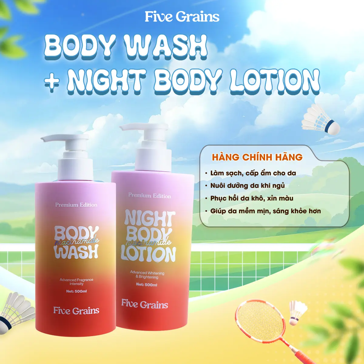 [I] Combo giúp dưỡng trắng dưỡng ẩm da sữa tắm và sữa dưỡng thể Niacinamide, Alpha-Arbutin Five Grains 500ml Dưỡng Da Body - A07
