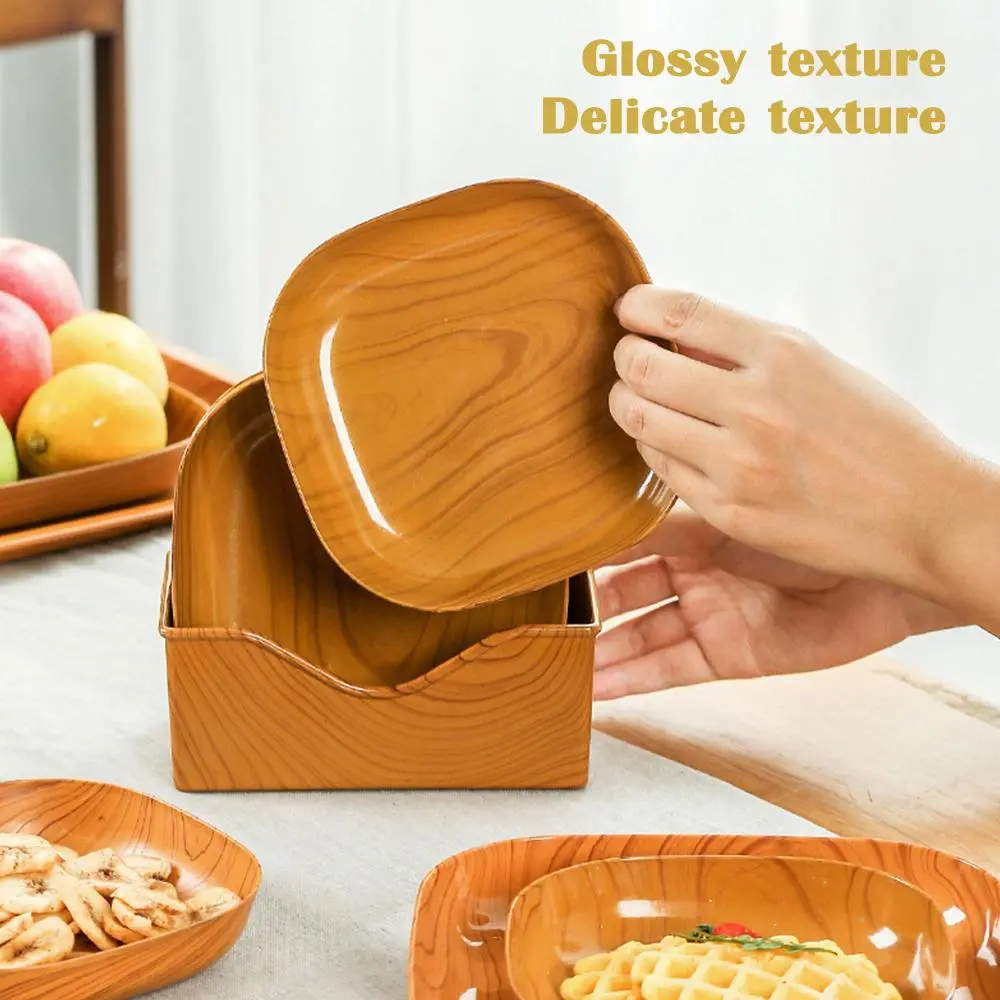 5pcs Square Dessert Plate Imitation Wood Grain Plastic Dinner Plate Fruit Tray Small Plate Kitchen Serving Plates Dish