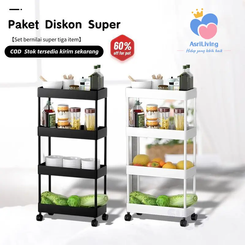COD Rak Serbaguna Dengan AsriLiving Roda Rak KamarMandi Square Rak Persegi Dapur Plastik 4 Susun