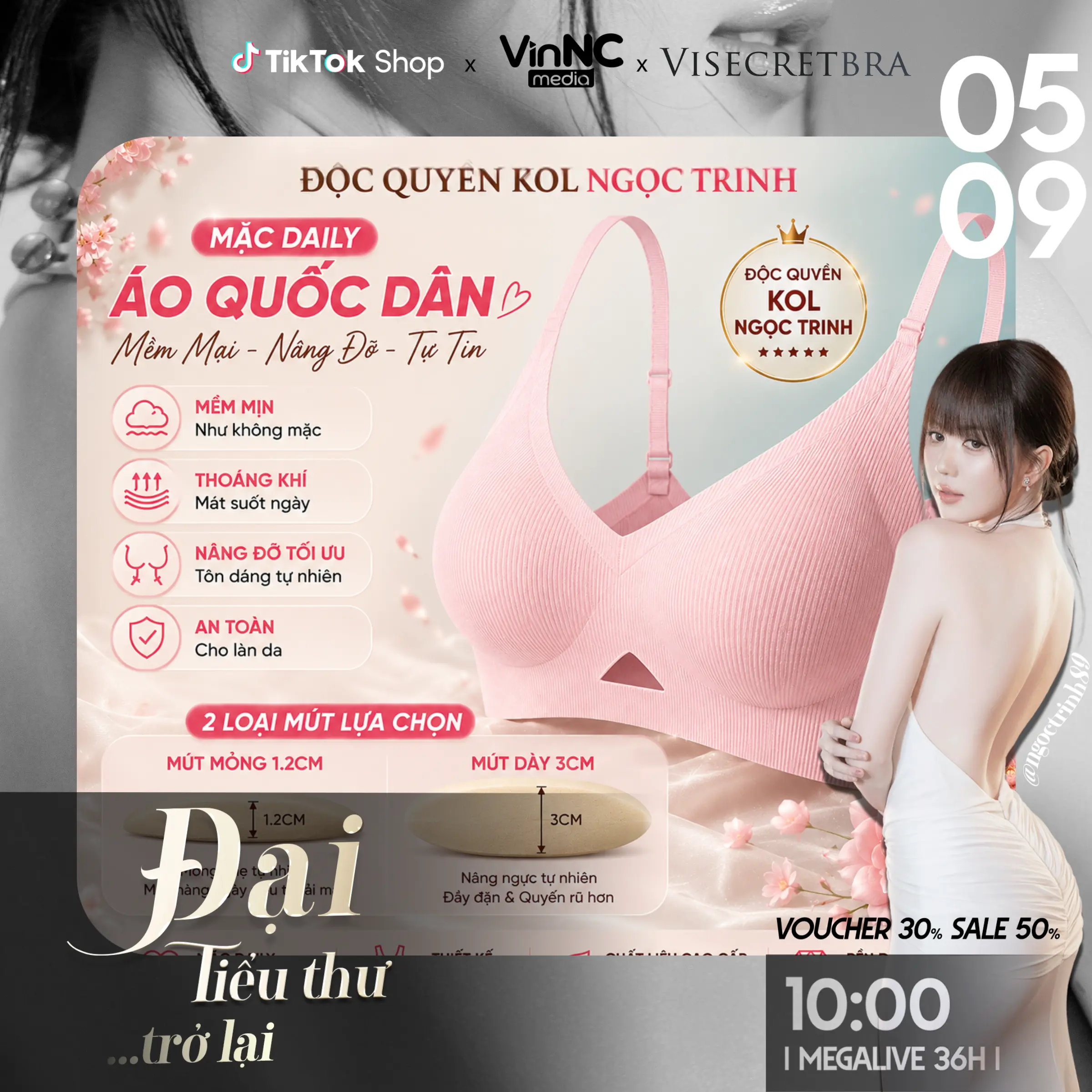 ĐỘC QUYỀN NGỌC TRINH x LIVE x Bản Cài Thường x Mút 1.2 cm và 3cm x Áo Lót Su Nữ Nâng Vòng 1 Không Gọng Áo Bra Chất Su Mỏng Không Gọng Có Mút Đệm Tròn Gom Quả Chống Xệ Hạn Chế Ngấn Mỡ Lưng -- VN241050