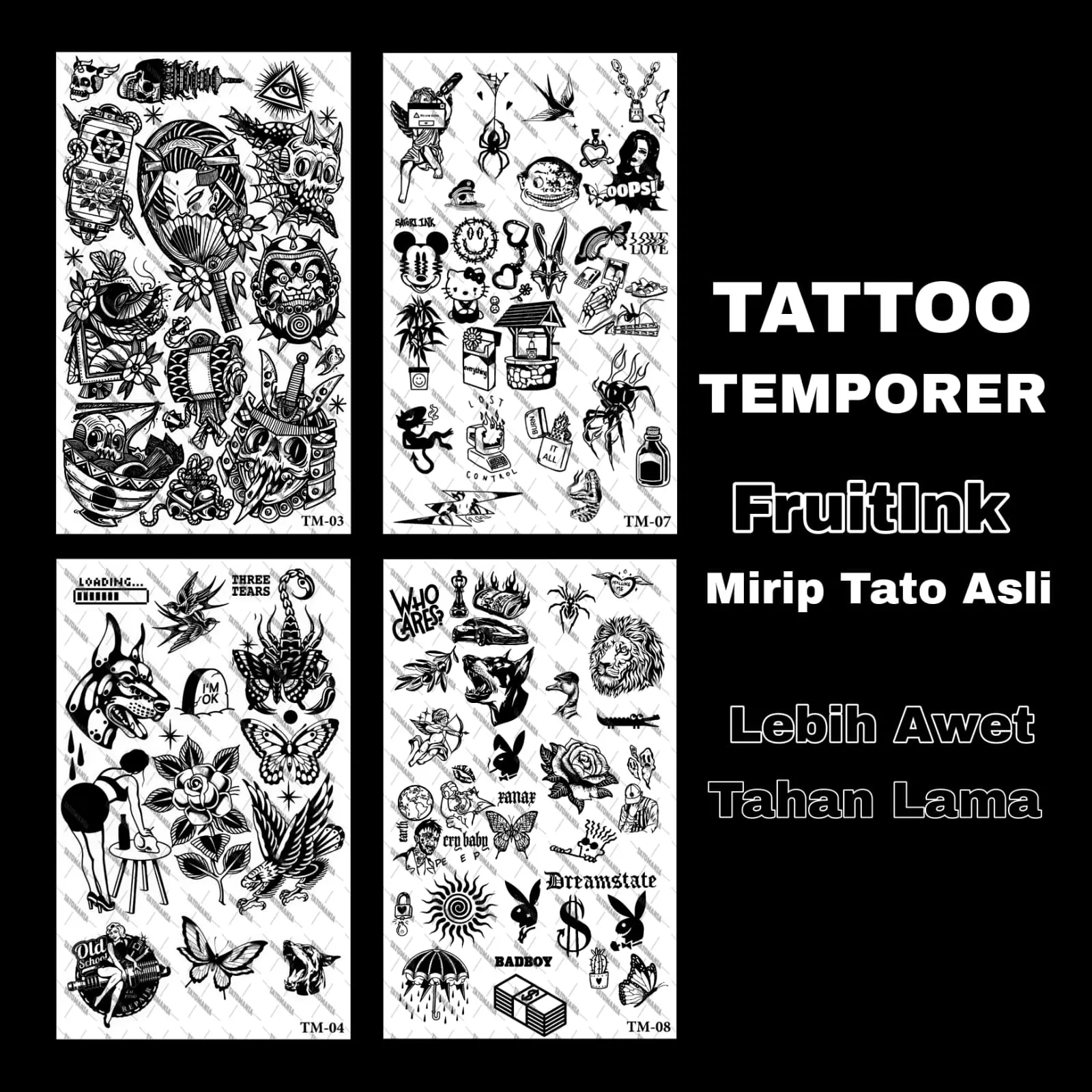 TM-Stiker tato temporer semi permanen anti air motif seri TM 11x18 cm