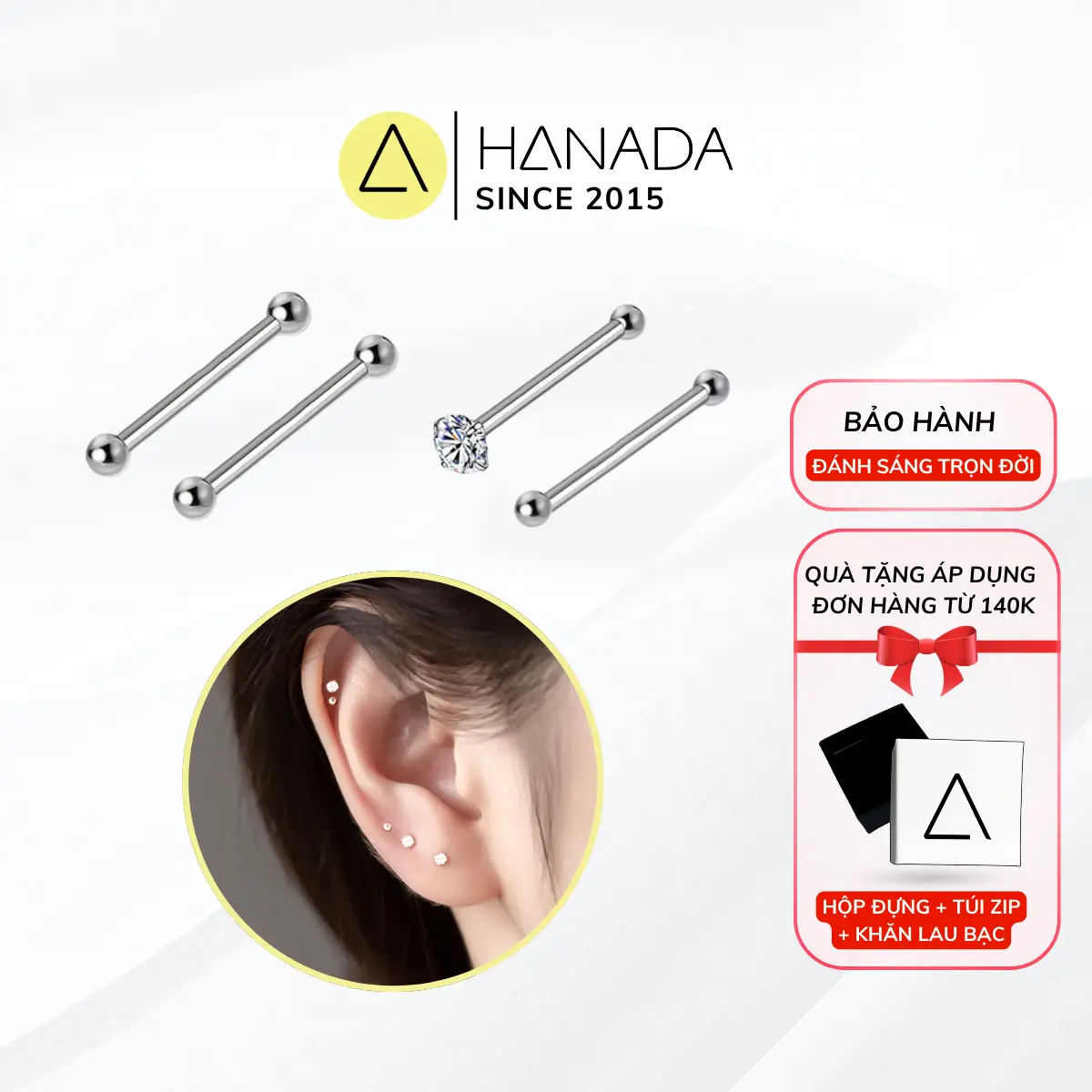 [KHÔNG KÈM CHUÔI]Bông Tai Giữ Lỗ Bạc Nguyên Chất 999 Hanada Đính Đá - 2 Đầu Bi Bông Nụ Không Đeo Chuôi Kích thước nhỏ 1.5-2mm Nam Nữ 1032 1058 C10