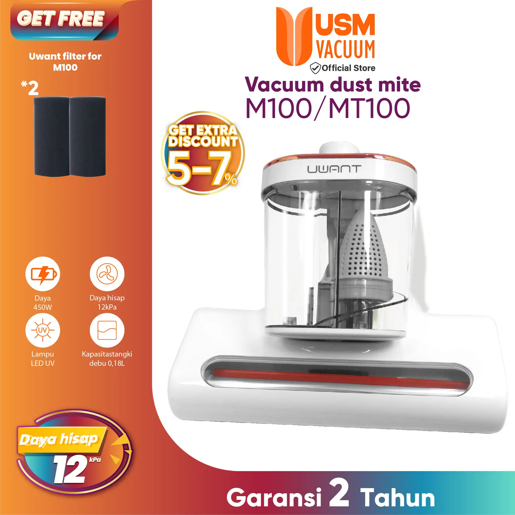 【COD 】Uwant MT100 M100 Dust Mite 12Kpa Singkirkan Tungau Detektor Tungau Debu Cangkir Ganda Mite Vacuum Kabel Pembersih 500W