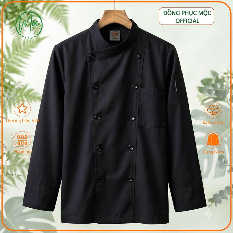 Đồng Phục Mộc Official - Áo Chef Nam Kaki Cotton Thấm Hút Cổ Xéo Thoáng Mát Tiện Dụng Màu Đen Chất Liệu 65/35% Xuất Xứ Việt Nam
