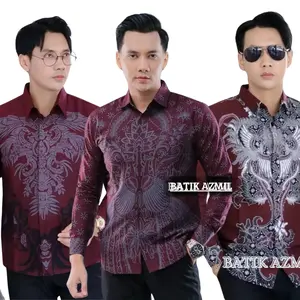 Batik AZMII - Kemeja Batik Pria Lengan Panjang Motif Terbaru Batik Kantor Kerja Seragam Batik Kratonan Katun Halus Atasan Printing Lembut Baju Merah Burgundy Cowok
