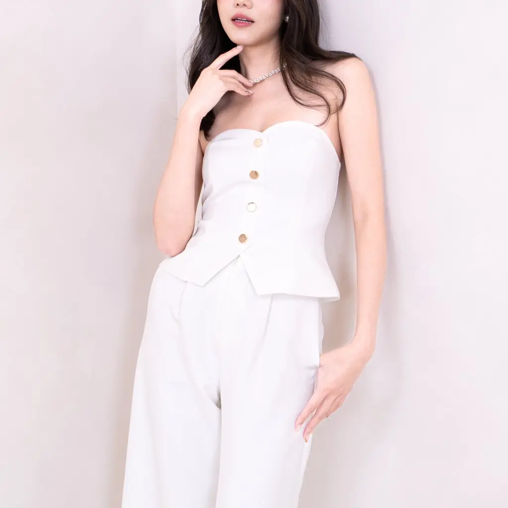 Adeline Sweetheart Neckline Long Top with Gold Buttons in White