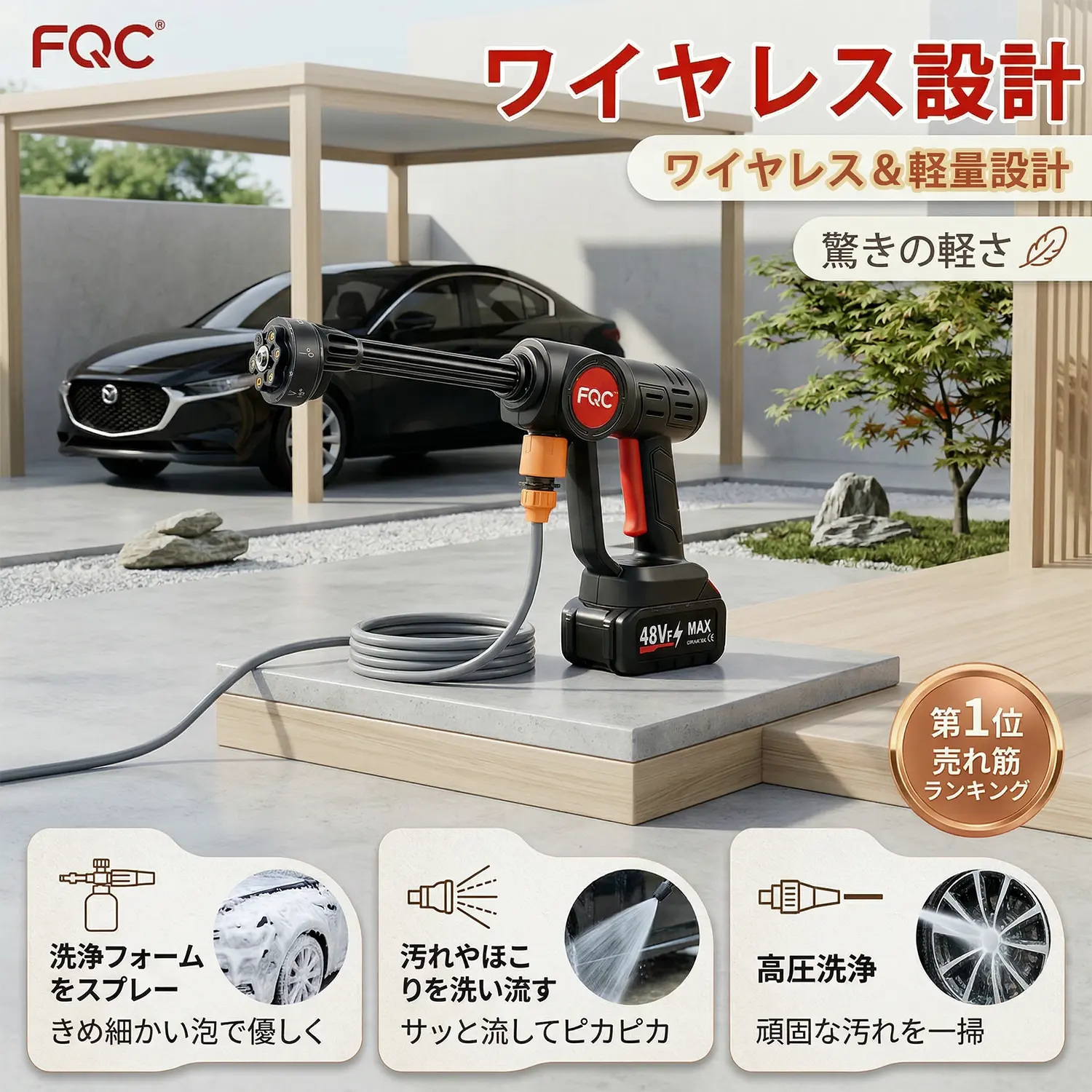 高圧洗浄機 次世代版 9MPa高圧洗車機 コードレス 耐候性ブラシレス