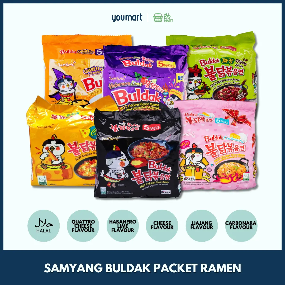 Samyang Buldak Hot Chicken Flavour Packet Ramen • Halal • 6 different flavours • by All Day Mart • 10 packets ramyeon