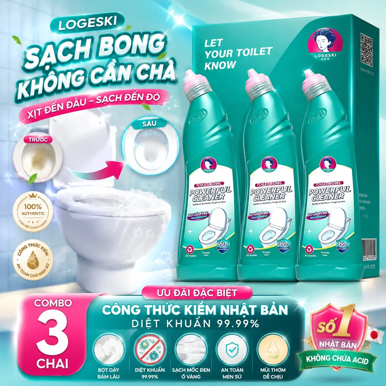 LOGESKI Nước Tẩy Bồn Cầu - Đổ Là Sạch, Không Cần Chà, Công Thức Kiềm Nhật Bản, Tẩy Mạnh Ố Vàng, Khử Mùi, Diệt Khuẩn 99.9% 500ml x 3