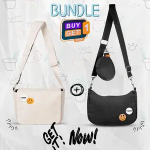 PUSHOP PAKET KOMBO HEMAT Tas Selempang Pria Wanita - Beli 1 Dapat 2 Tas selempang Slingbag Casual Paket Canvas Corduroy Hitam
