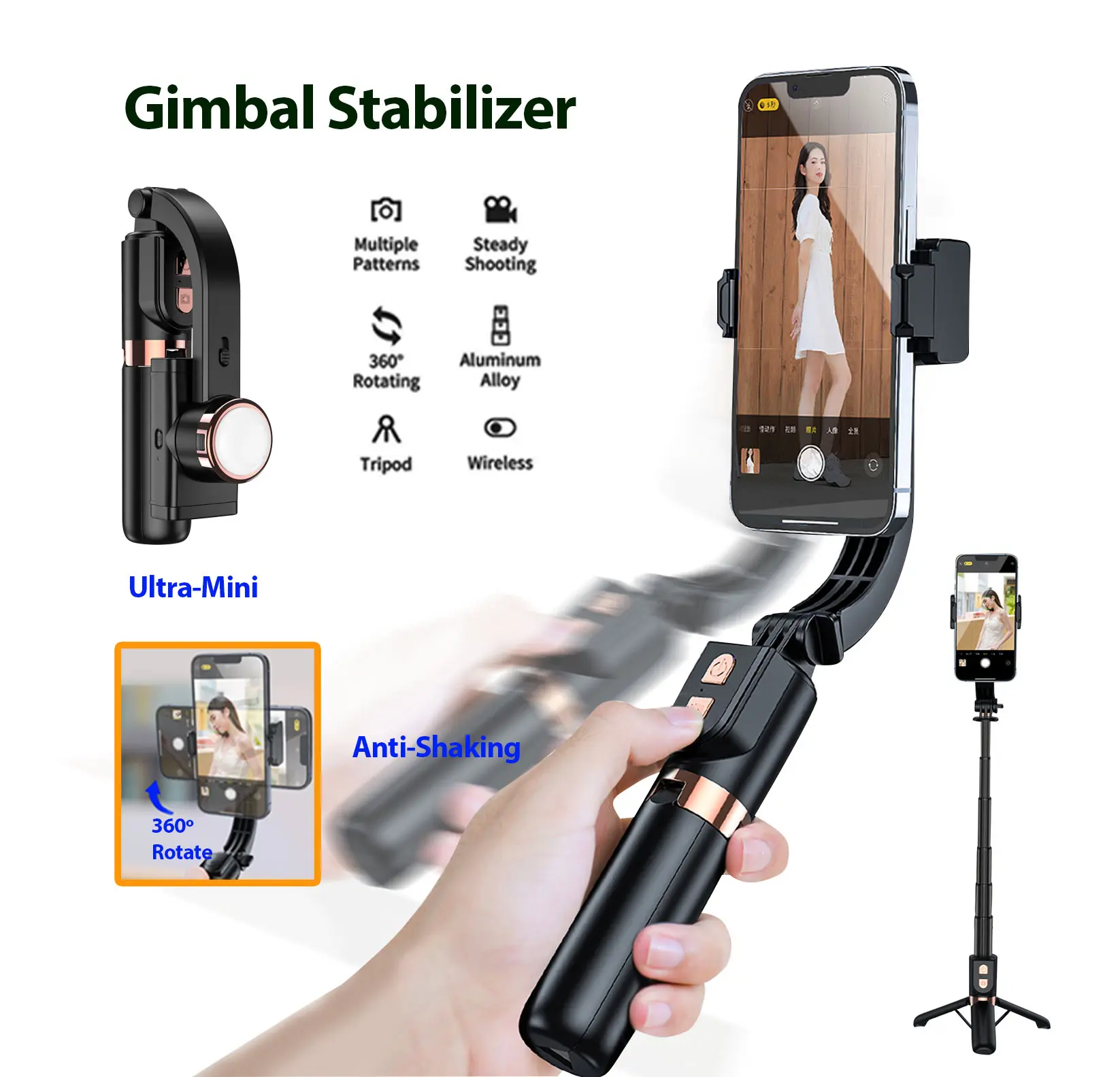 Gimbal Stabilizer Selfie Stick Tripod /Bluetooth Remote/Optional with Light