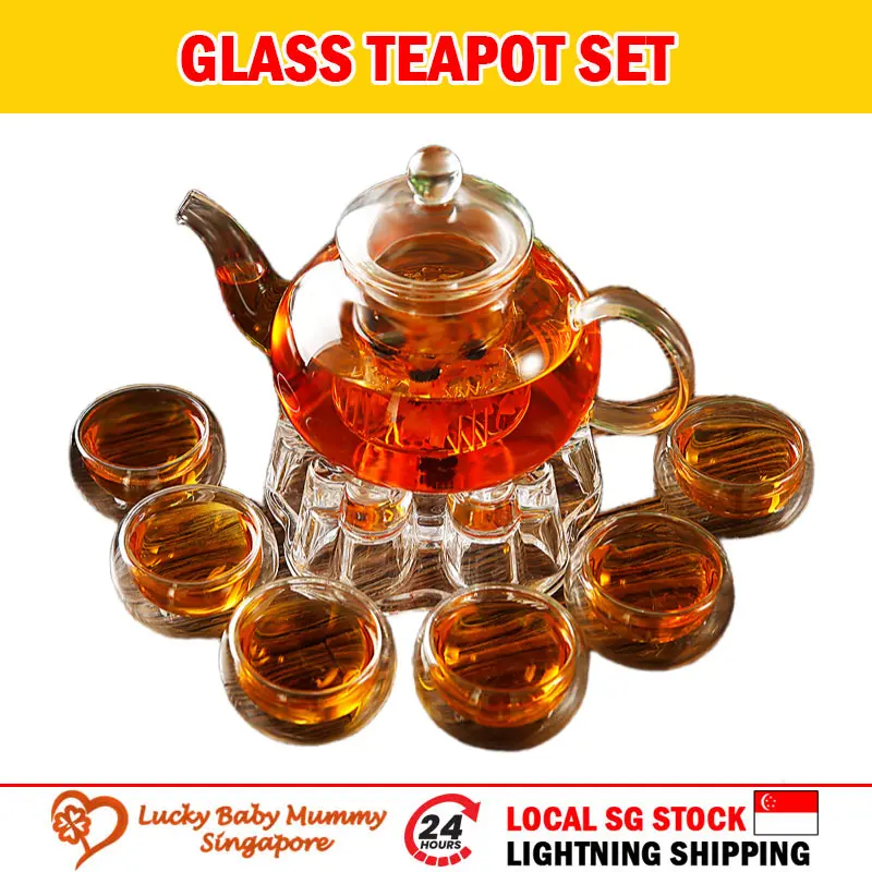 Borosilicate Glass Tea Pot Set/Teapot Thick Glass/Heat Resistant with Warmer Bamboo Tray Cups