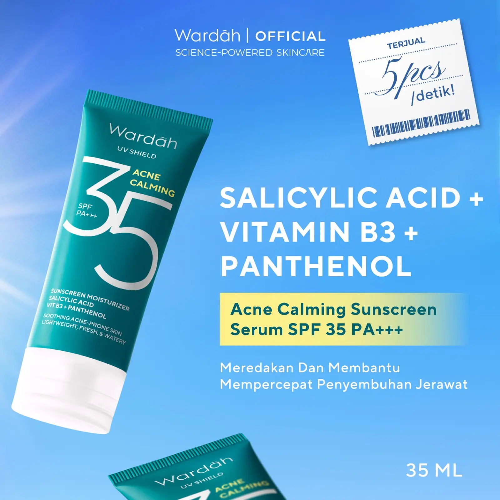 WARDAH UV Shield Acne Calming Sunscreen Moisturizer SPF 35 PA+++ untuk komedo, jerawat dan bekas jerawat, kulit berminyak- Skincare