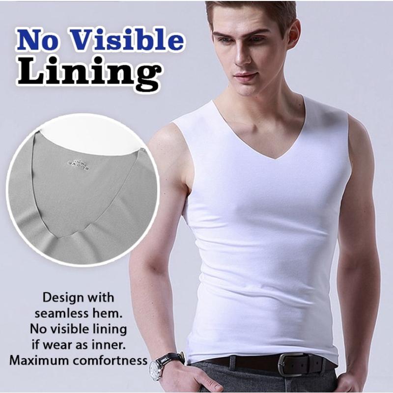 TS24 RHINOJR Men Inner Tank Shirt Seamless Cooling Silk Singlet Casual Plain Top Plus Size Undershirt Lelaki Dark Dark Blue Grey