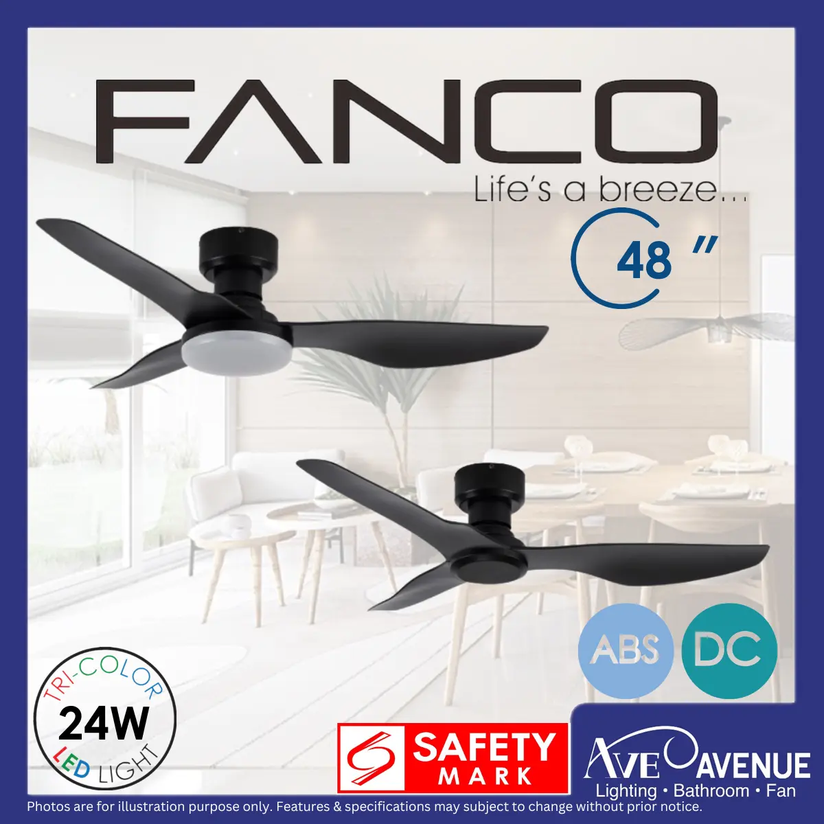 FANCO CO-FAN Hugger Low Profile DC Motor 3 Blade Ceiling Fan w Remote n Optional 3 Tone LED Light