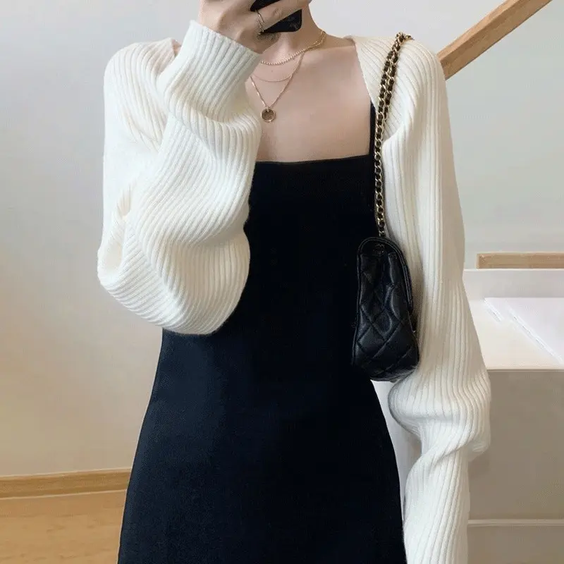 Women Long Sleeve Crop Cardigan Autumn Knit Sweater Smocks Tops Lingerie Lady Knitwear