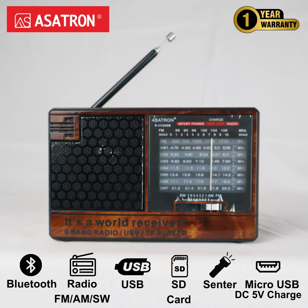 Asatron R-1112 USB Portable Speaker Bluetooth Radio FM/AM/SW1-7 9 Bands + Senter