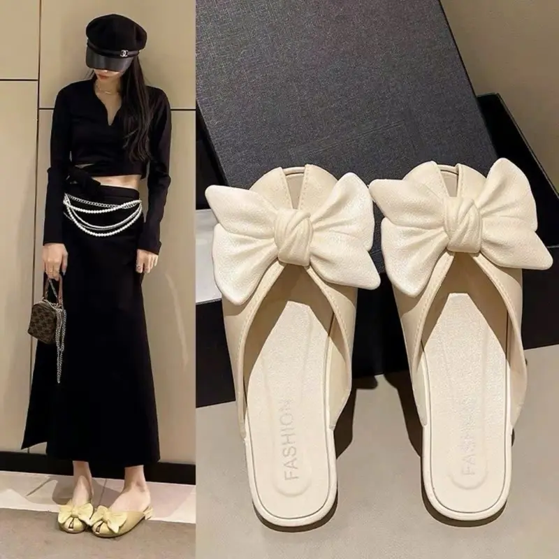 Dép nơ đế bệt, sục nữ hở mũi thời trang, 3 màu kem nâu vàng size 36-41 giaydepsieuben Slipper DéP Hoa - 804