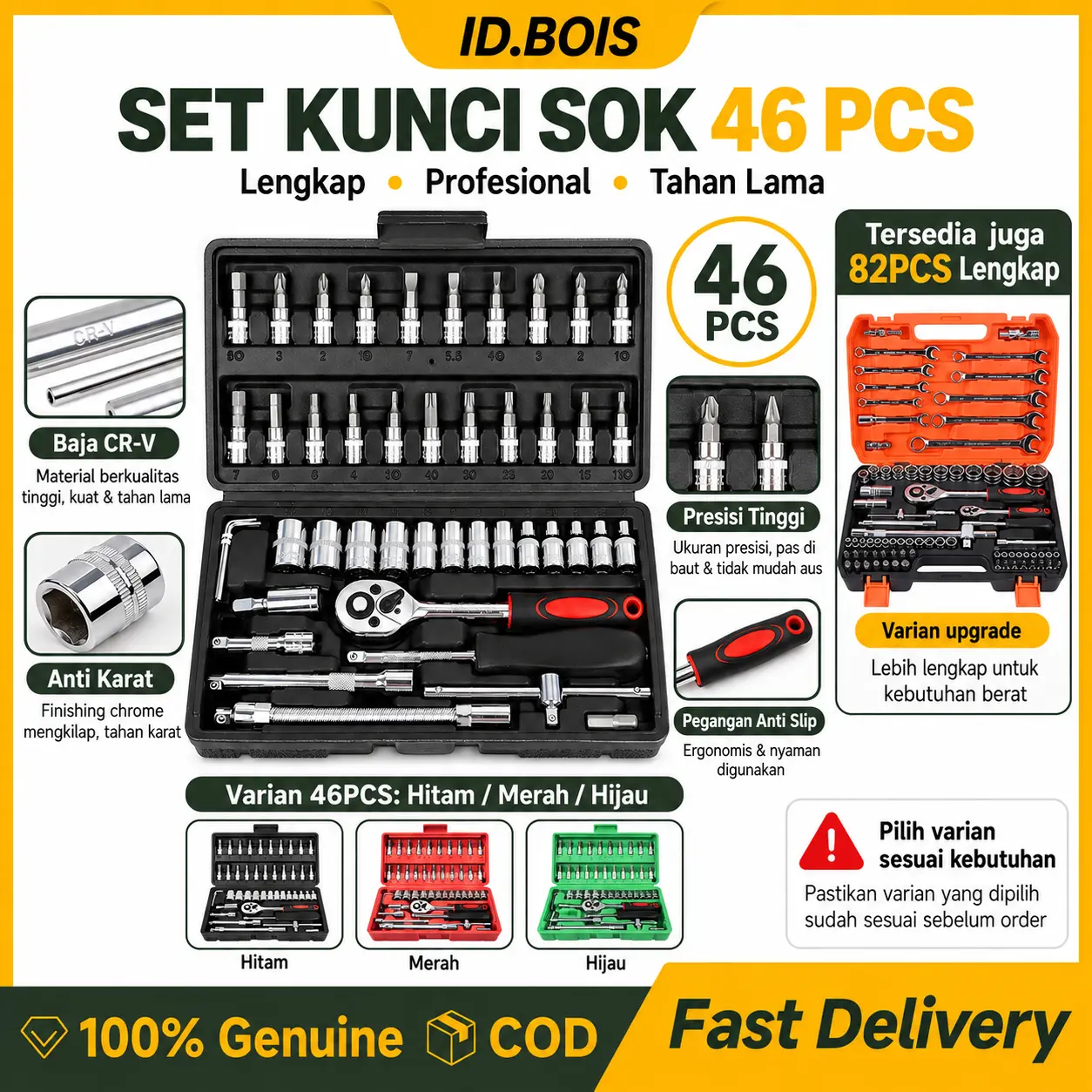 ID.BOIS Set Kunci Socket 46PCS Standar / 82PCS Lengkap Ratchet Wrench Tool Kit Multifungsi dengan Kotak Perkakas