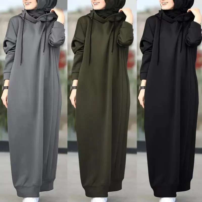 MS113#Muslim Autumn Winter Women's Solid Color Hooded Drawstring Loose Casual Pockets Long Sleeve Sweater