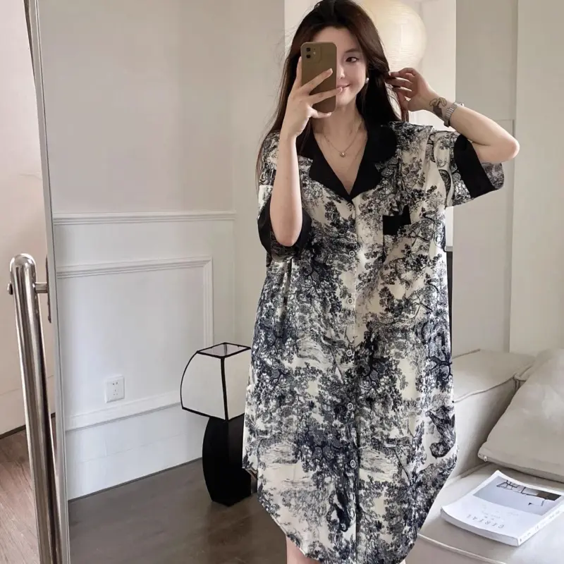 Summer thin pajamas cardigan short-sleeved nightdress national style ink painting leisure fashion home wear