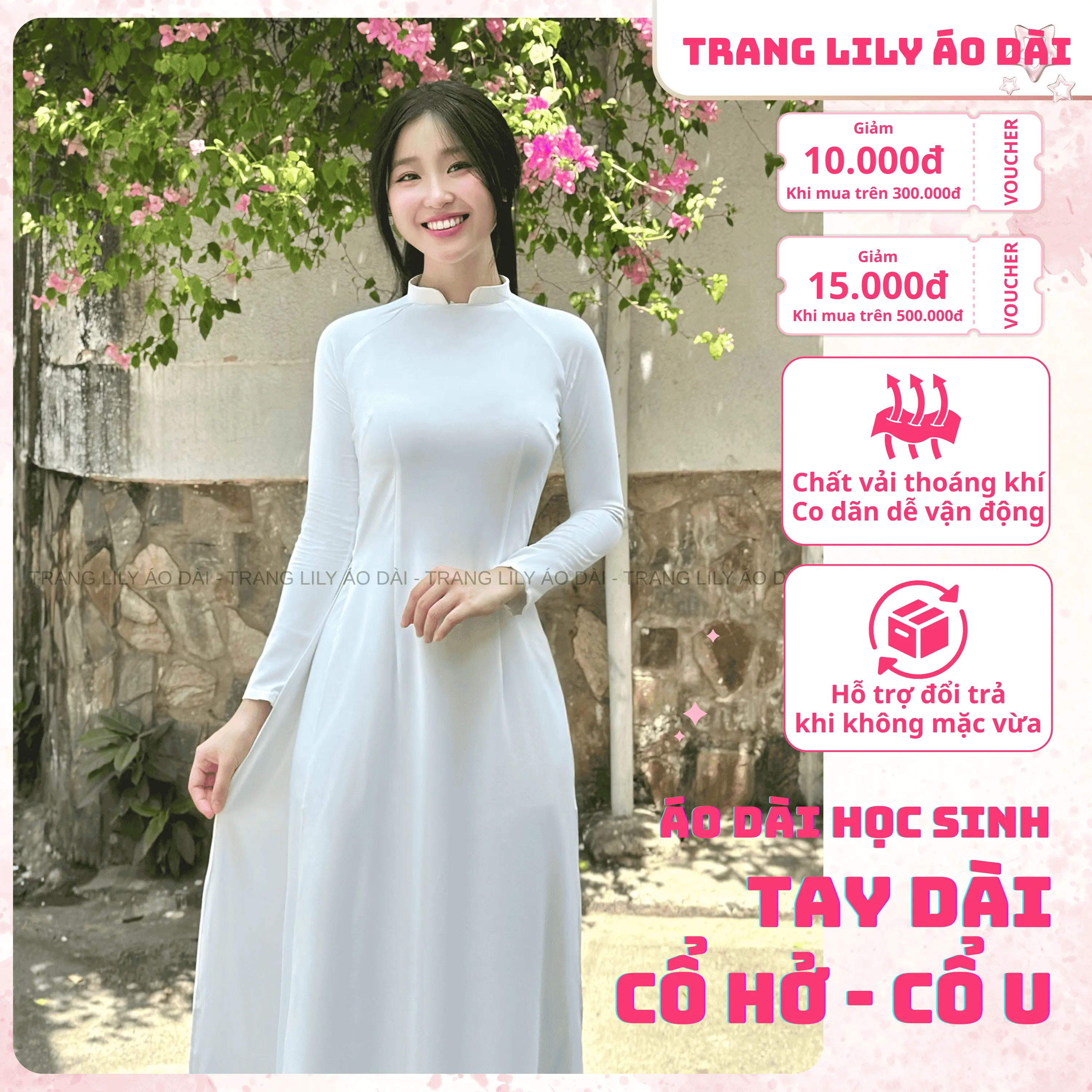 Áo dài trắng học sinh, hotgirl, cổ vuông hở - cổ chữ U, lụa Mỹ cao cấp, màu trắng, mặc đồng phục cấp 3 - Trang Lily Áo Dài - Nữ - Women - Thời trang