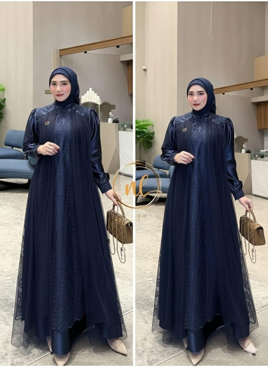 Leya Dress Bahan Satin Velvet Mix Brukat Tille Gamis Pesta Kondangan Simpel Elegant Warna Mahogany