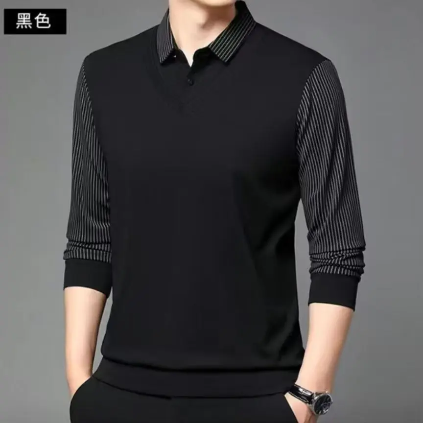 New men's fake two-piece lapel striped polo shirt Fashionable loose casual business long sleeved shirt Breathable, soft, comfortable and versatile commuting top